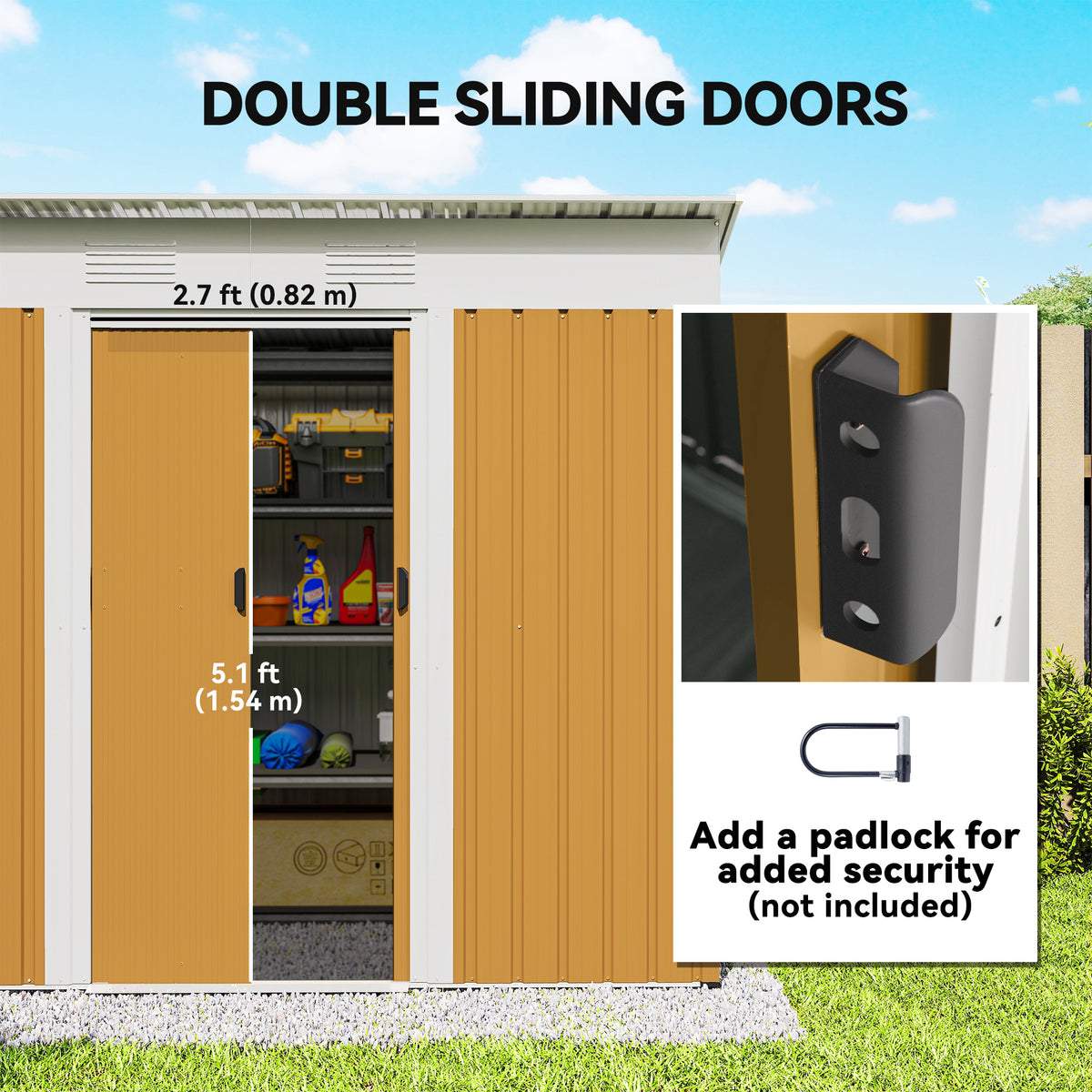 7' x 3.6' Outdoor Storage Shed, Metal Garden Tool Storage House Organizer with Lockable Sliding Doors and Vents for Backyard Patio Lawn – Yellow
