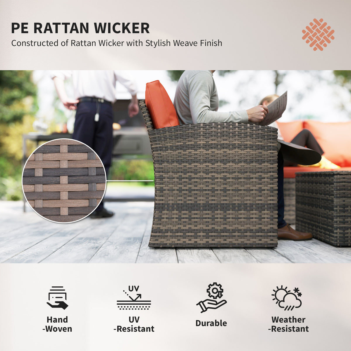 6 Pieces Wicker Patio Furniture Set with Cushions, 7-Seater Rattan Patio Sofa Set with Storage Table