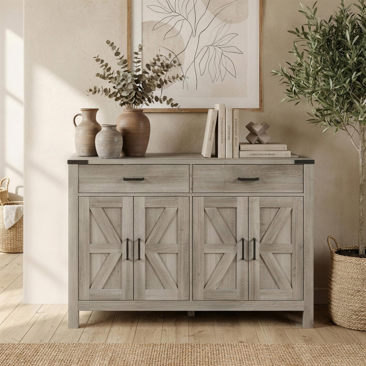 Farmhouse Kitchen Storage Cabinet with 2 Drawers and Shelves – 47"W x 33"H