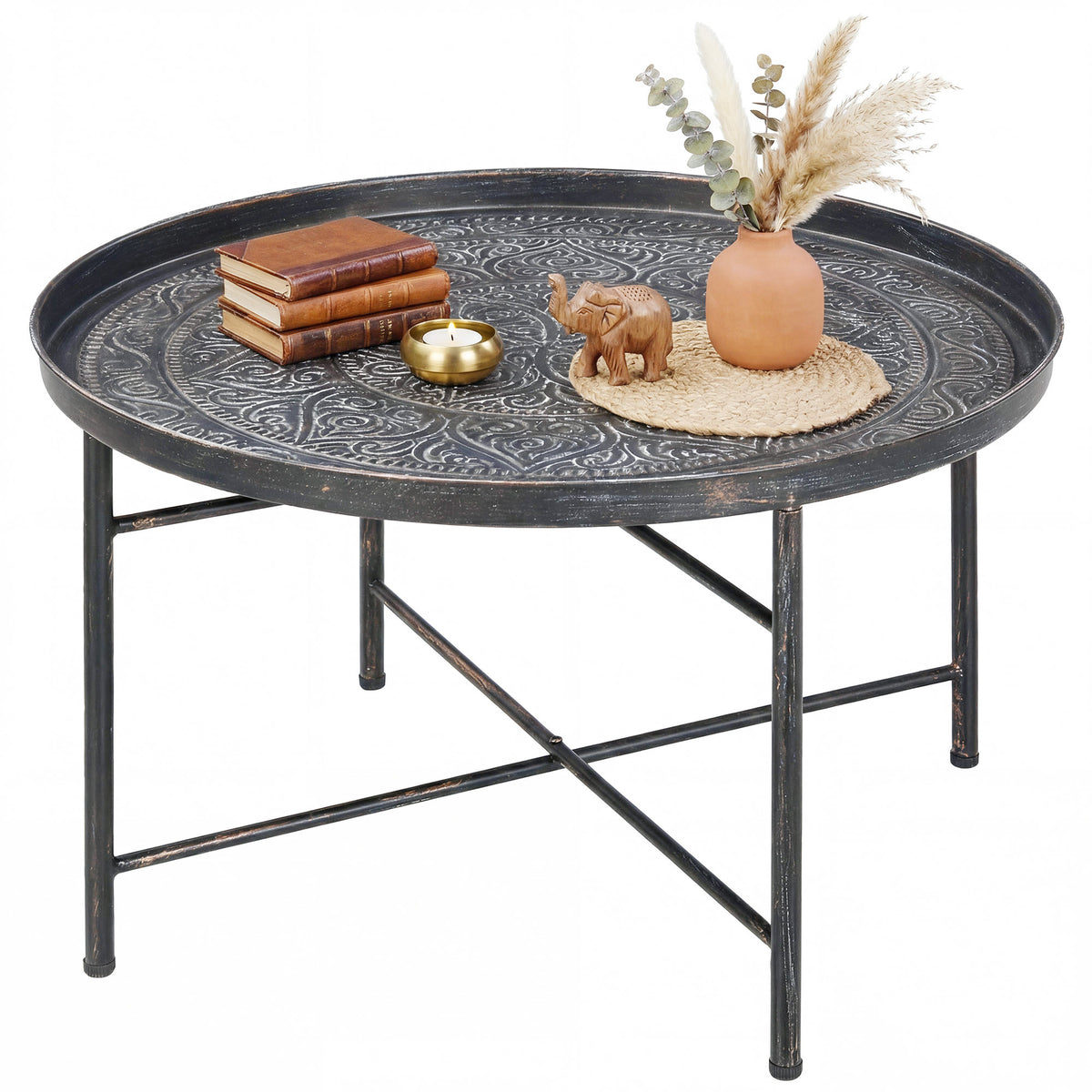 24" Round Vintage Coffee Table with Hammered Flower Tray Top, Pewter