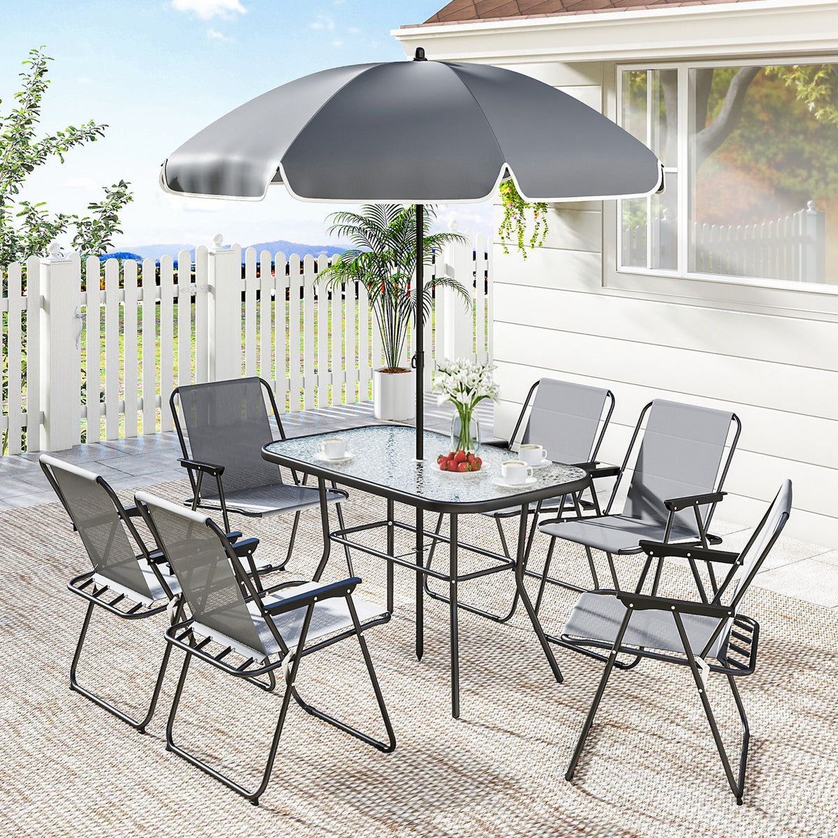 8 Piece Patio Table and Chairs Set with Folding Chairs, Tempered Glass Tabletop and Umbrella for Garden – Grey