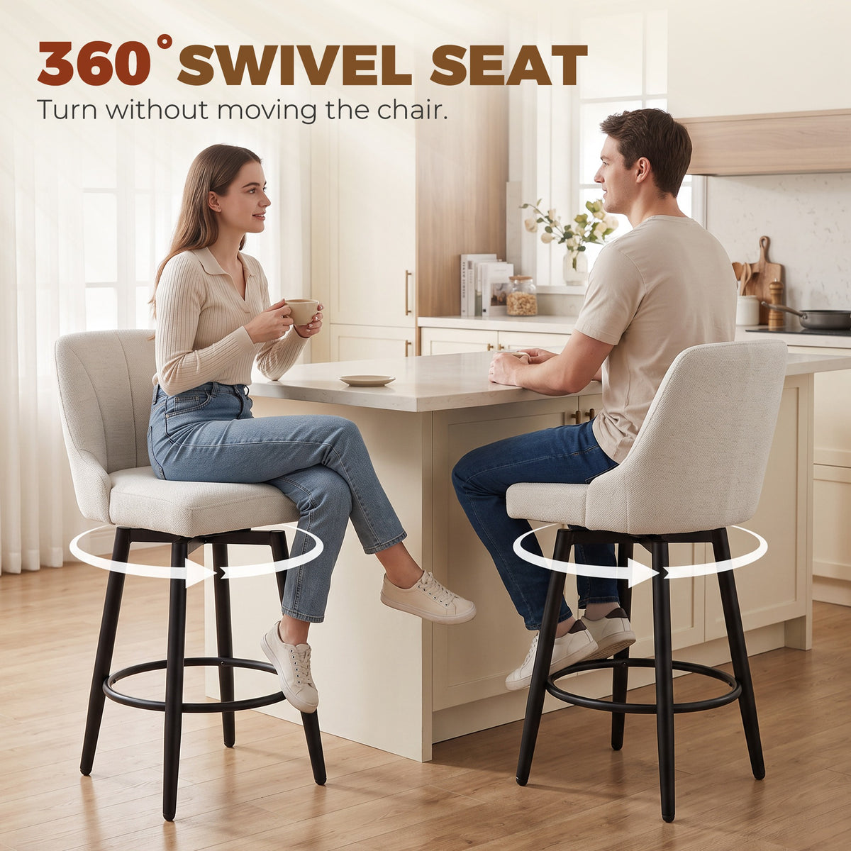 Quilted Faux Linen Swivel Counter Stools with Backrest, Set of 2