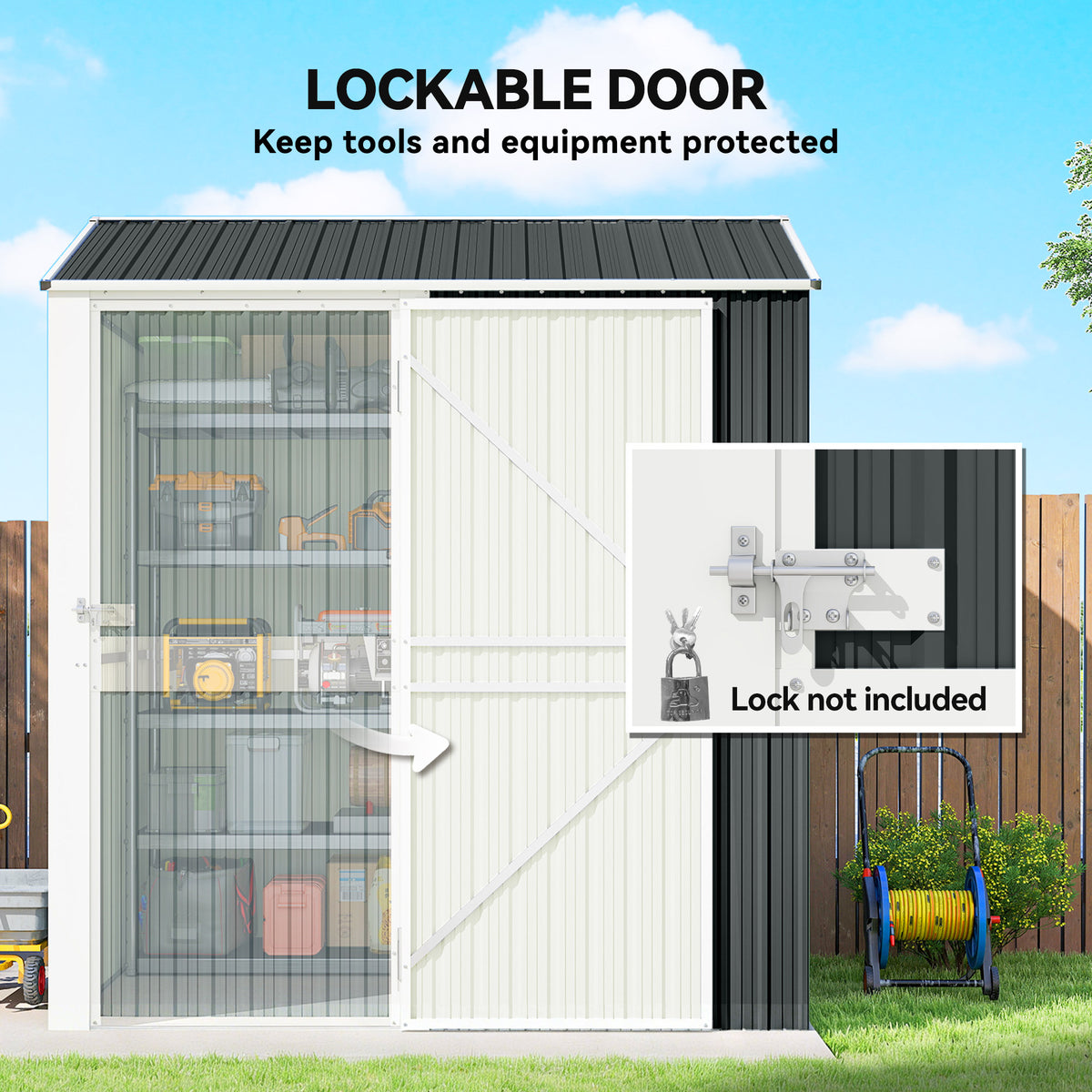 7' x 6' Tall Outdoor Storage Shed, Waterproof Metal Garden Shed with Gloves, Lockable Door – Dark Grey