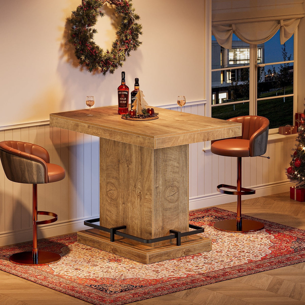 47" Bar Table, Rectangular Bistro Pub Table with Metal Footrest
