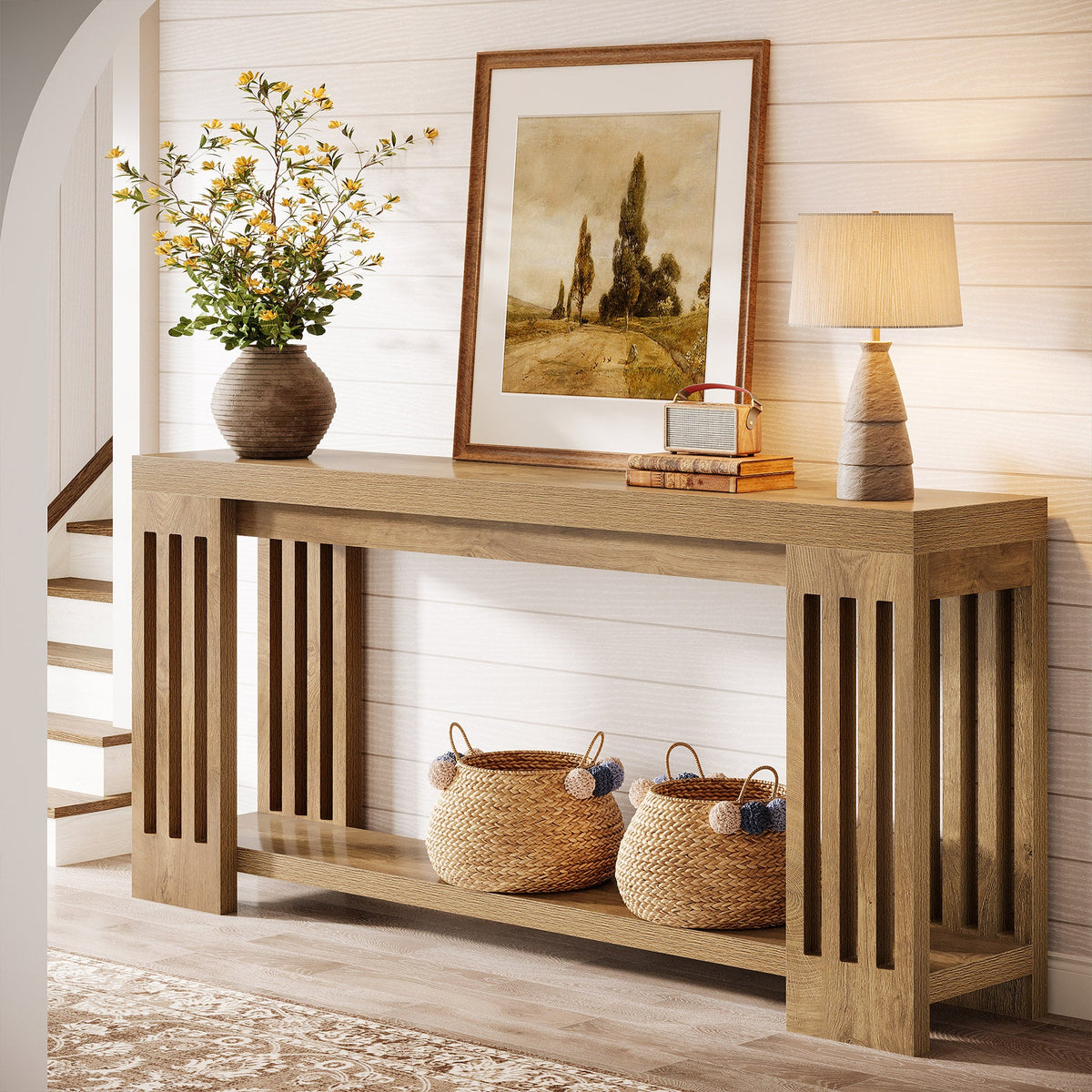 70.9" Console Table, 2-Tier Entryway Sofa Table with Vertical Stripe Legs