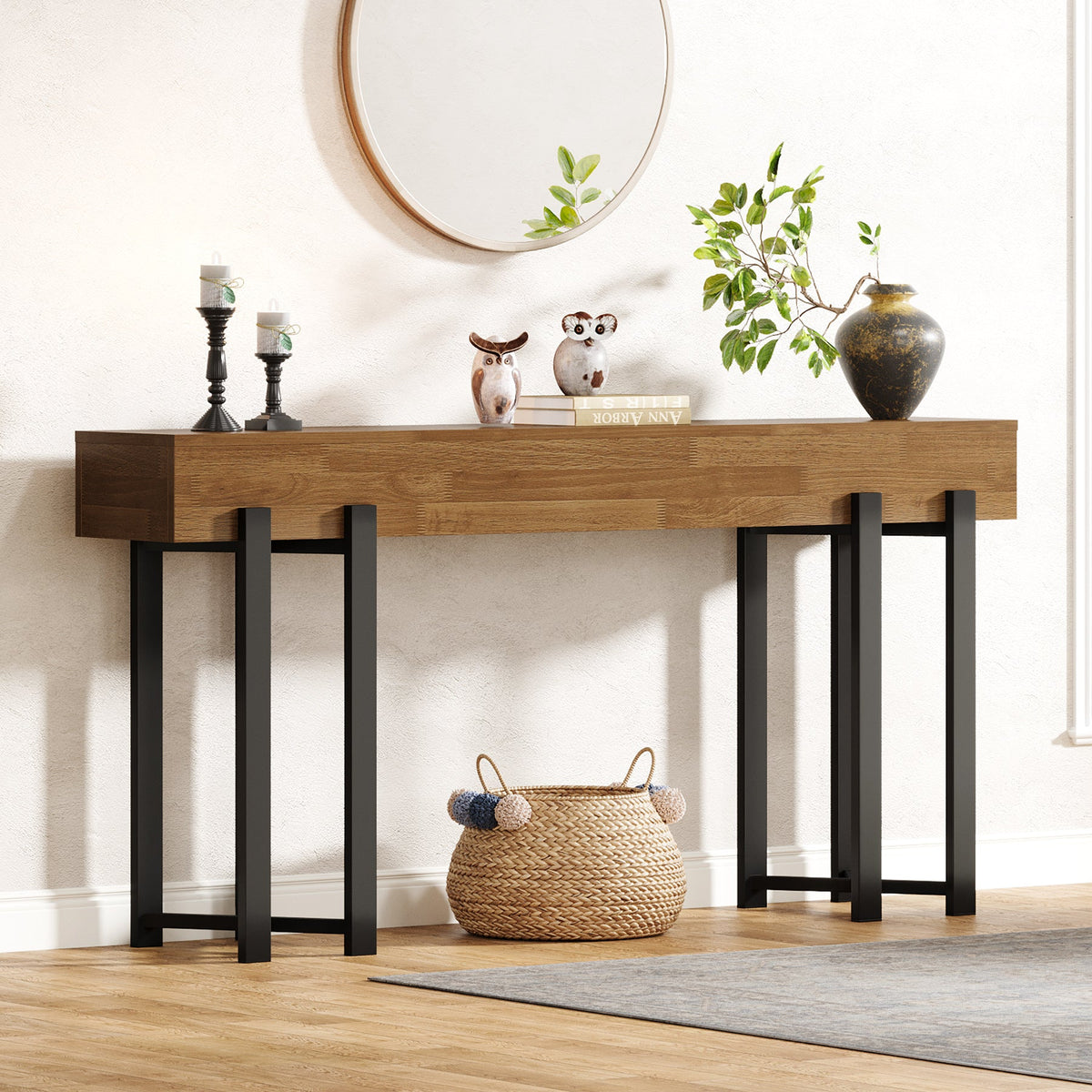 63" Console Table, Farmhouse Sofa Table with Metal Frame for Entryway