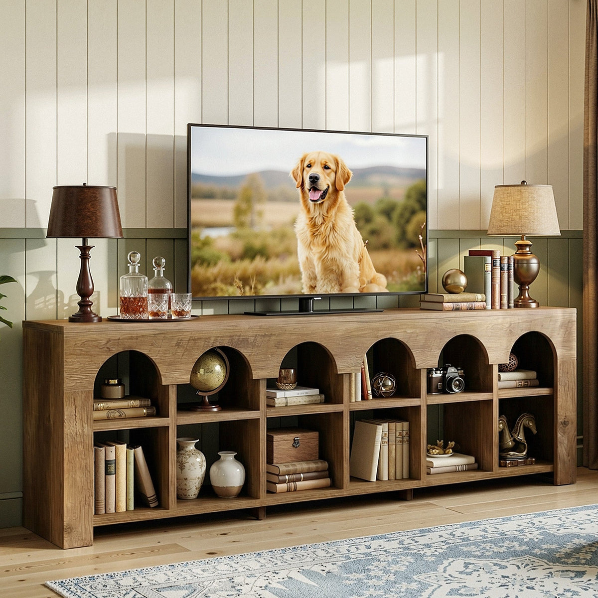 63” TV Stand for 50-75" TVs, Farmhouse Entertainment Center with 2-Tier Arched Cubbies
