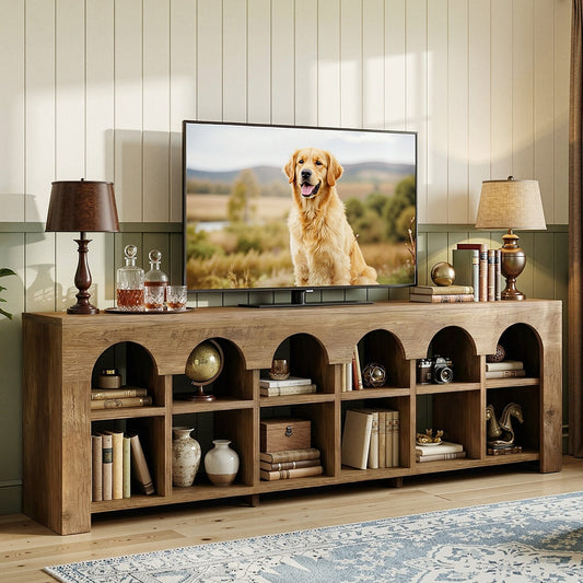 63” TV Stand for 50-75" TVs, Farmhouse Entertainment Center with 2-Tier Arched Cubbies