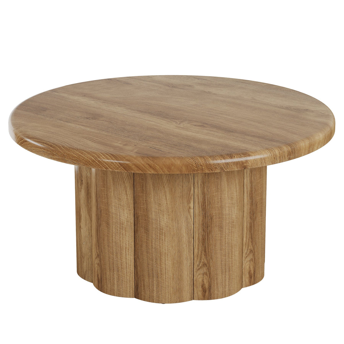 31.5" Round Coffee Table, Farmhouse Center Table with Fluted Drum Base