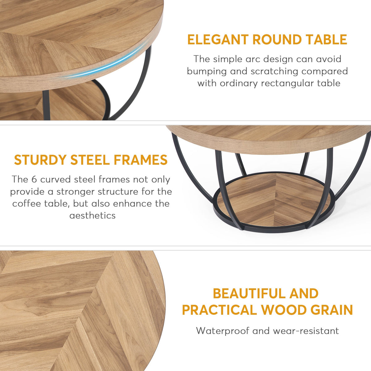 Round Coffee Table, 2-Tier Central Cocktail Table with Shelves