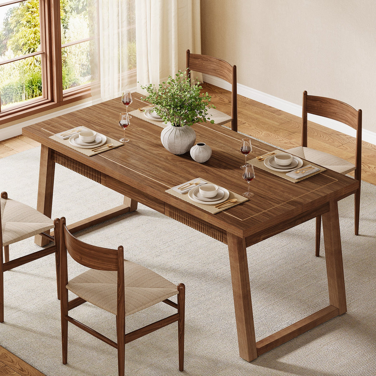 55" Dining Table with Drawer, Rectangular Kitchen Table with Solid Wood Legs