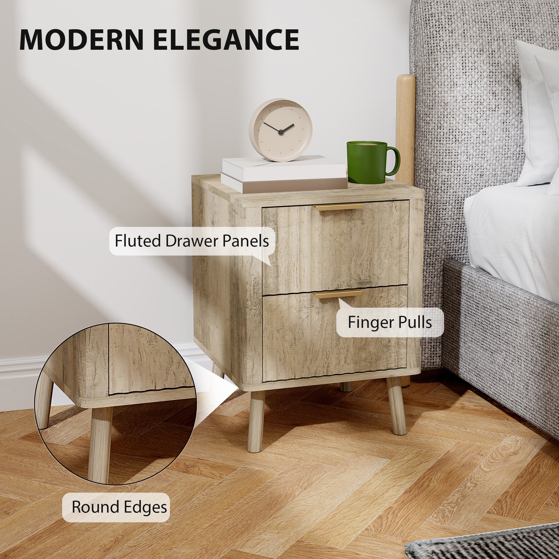 HOMCOM Modern Oak Nightstands Set of 2, Fluted Drawers, Finger Pulls