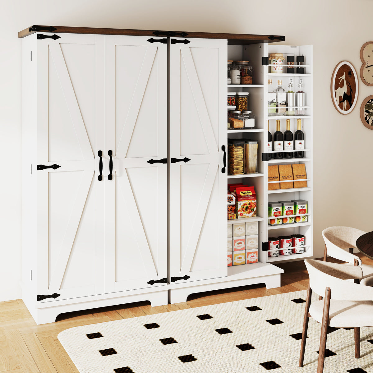 Farmhouse Kitchen Pantry Cabinet with Adjustable Shelves and Door Shelves – 24"W x 47"H