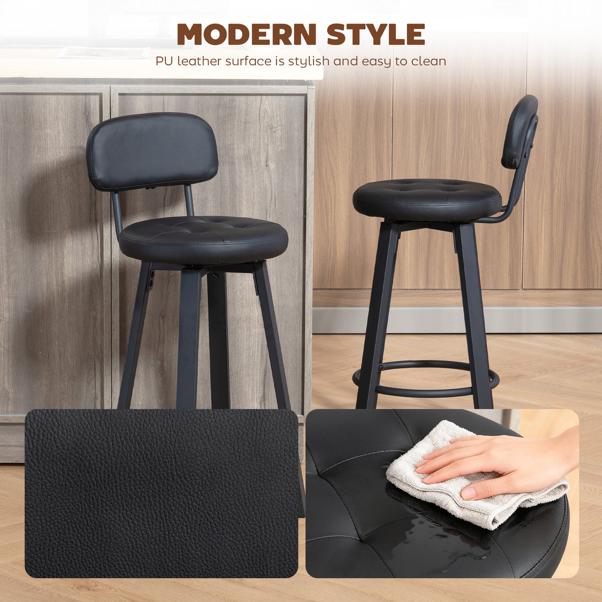 PU Leather Breakfast Bar Chairs with Footrest and Backrest, Set of 2