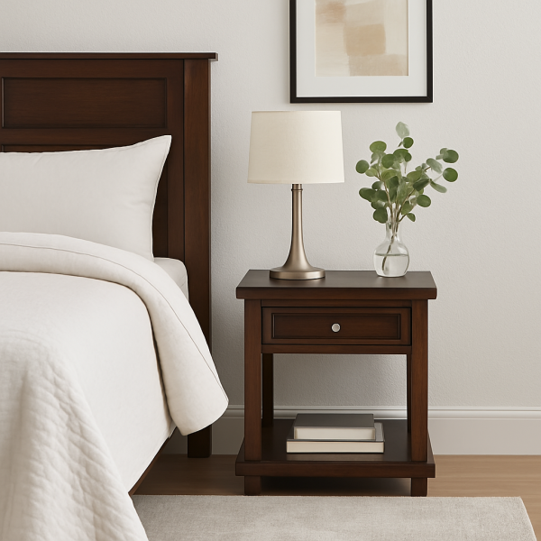 Elegant Bailey Espresso Wood End Table with Drawer and Open Shelf Storage