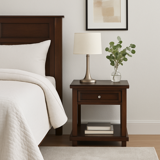 Elegant Bailey Espresso Wood End Table with Drawer and Open Shelf Storage