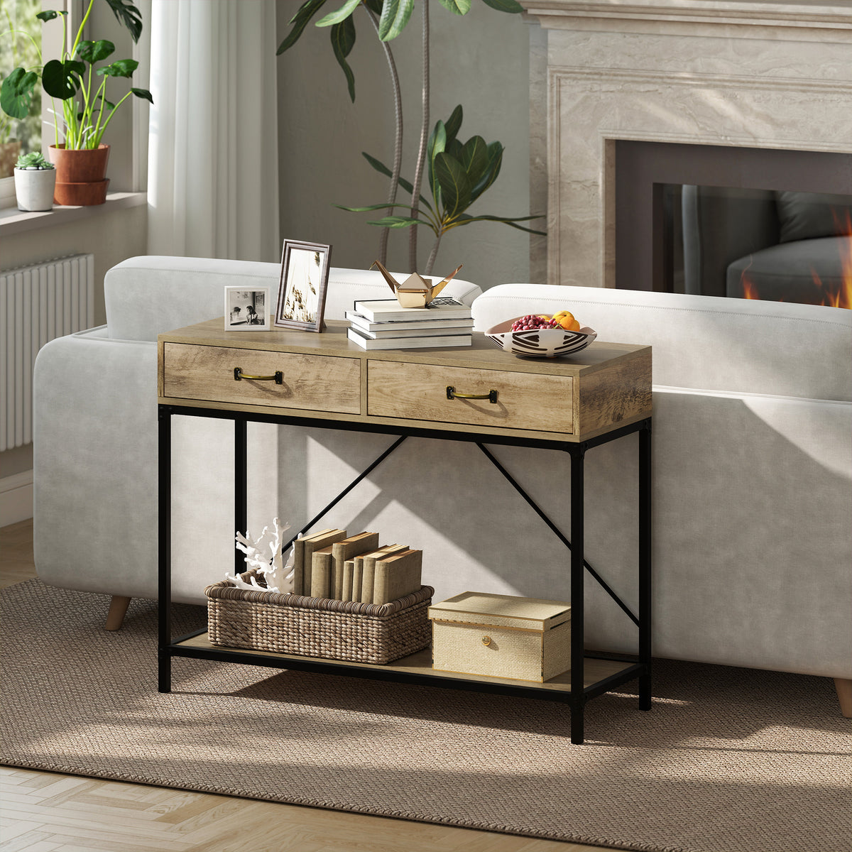 39" Vintage Console Table with Drawers & Storage Shelf