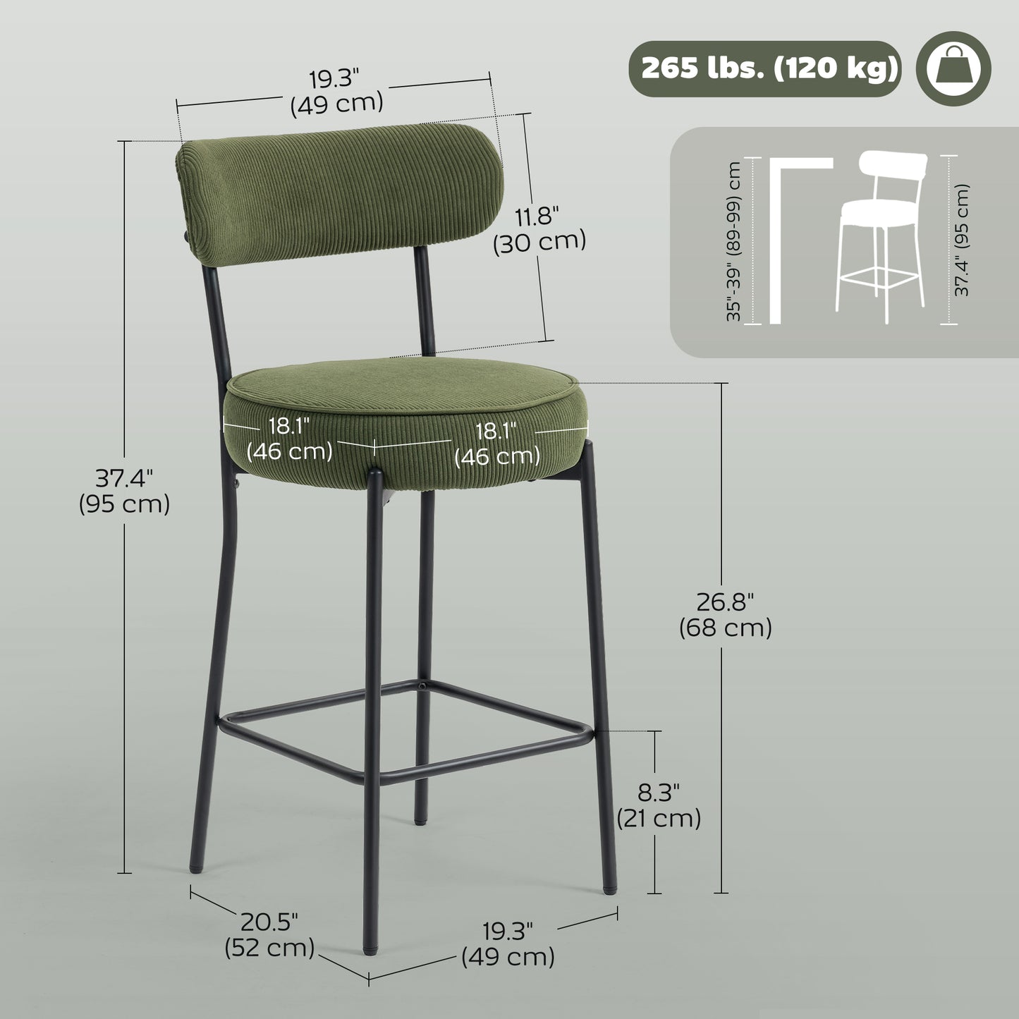 HOMCOM Set of 2 Green Corduroy Bar Stools with Backrest, Footrest