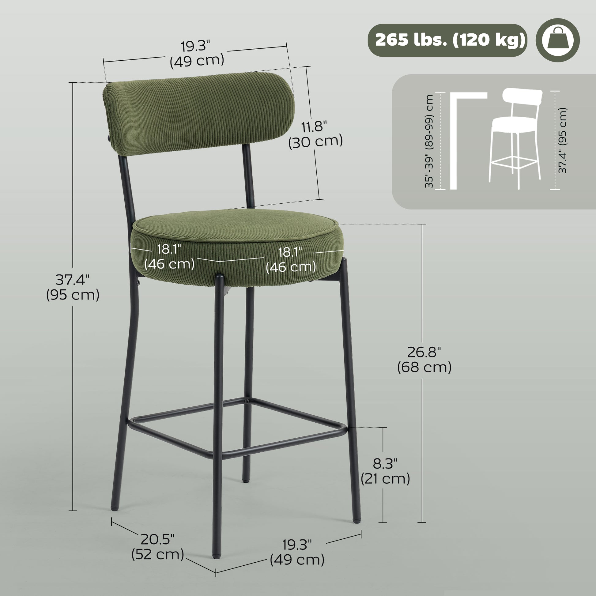 HOMCOM Set of 2 Green Corduroy Bar Stools with Backrest, Footrest