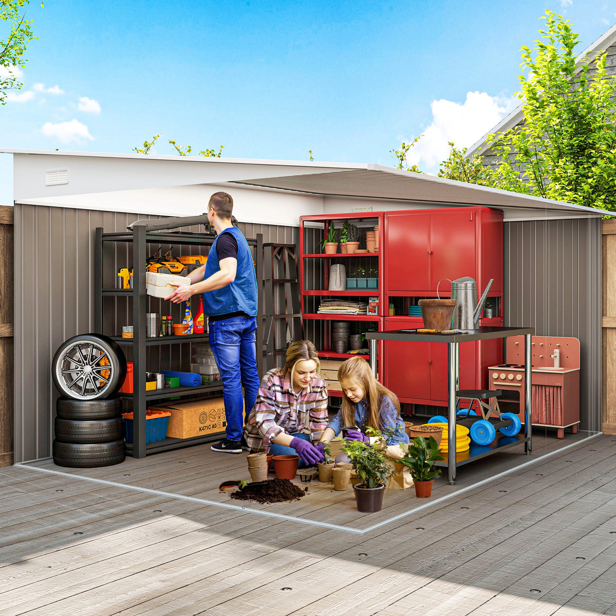 11' x 9' Steel Garden Storage Shed, Outdoor Metal Tool House with Double Sliding Doors – Grey