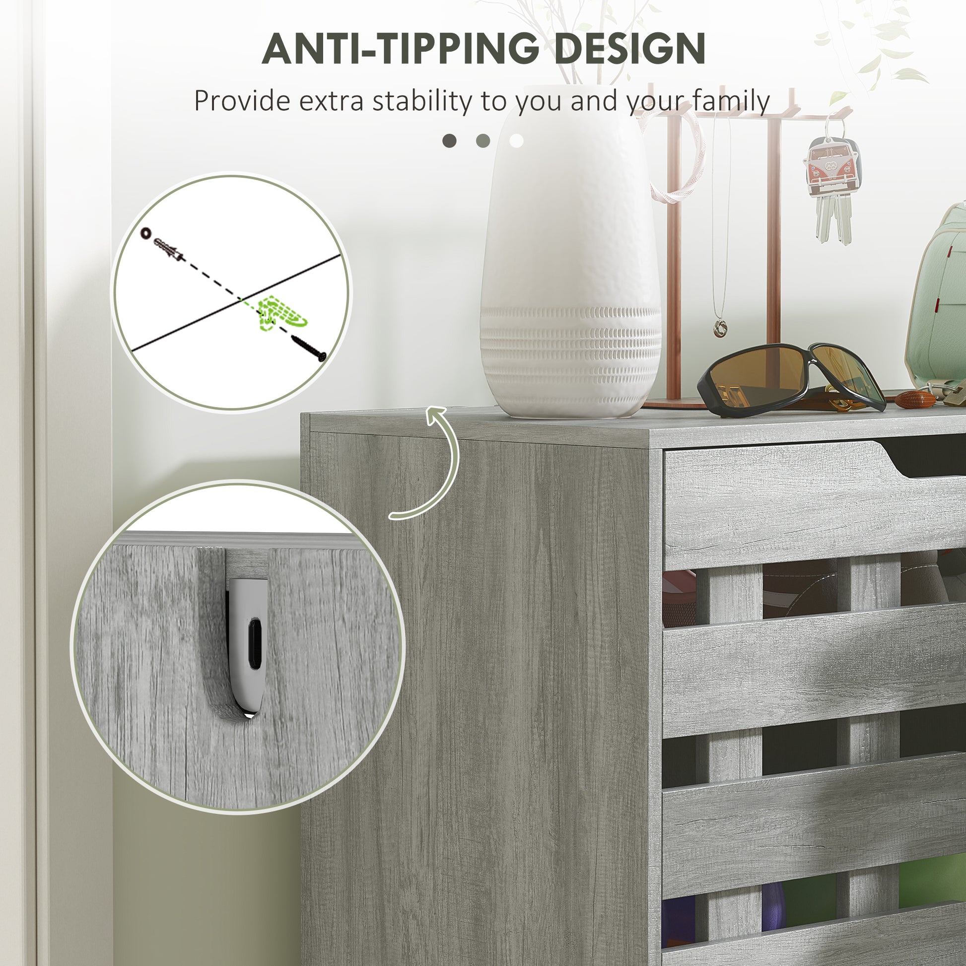 HOMCOM Modern Light Grey Shoe Cabinet Organizer, 21 Pair Storage with Doors