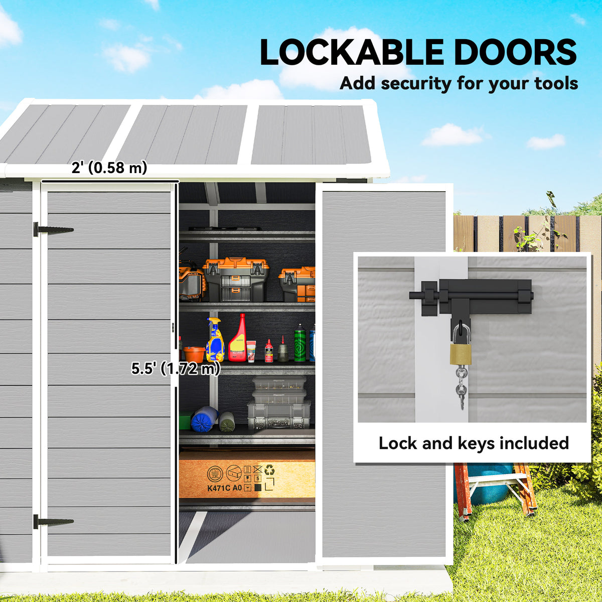 6' x 6' Resin Outdoor Storage Shed with Floor, Window, Lockable Doors and Vents for Backyard Patio Lawn