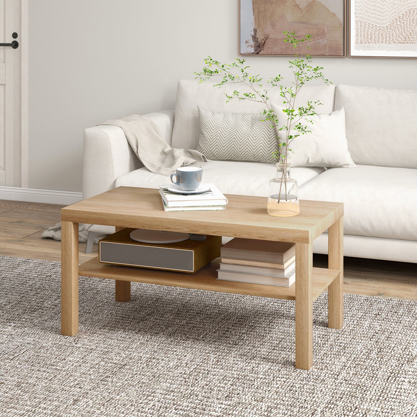 HOMCOM 2-Tier Rectangular Coffee Table with Storage Shelf, Natural Wood Finish