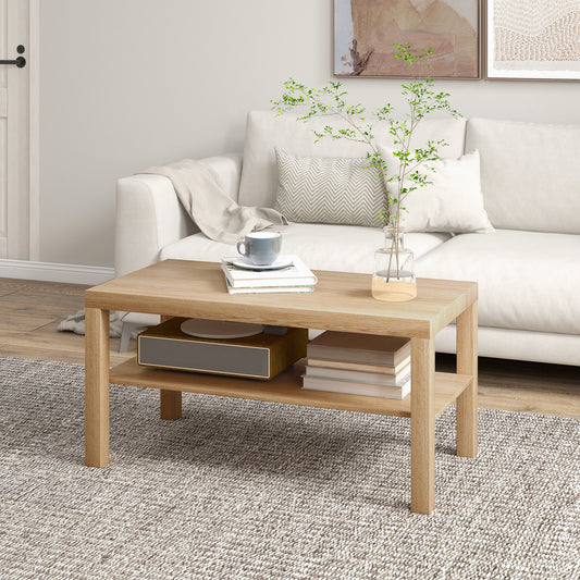 HOMCOM 2-Tier Rectangular Coffee Table with Storage Shelf, Natural Wood Finish
