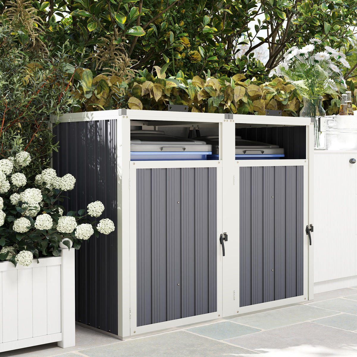 Double Garbage Bin Shed, Lockable Outdoor Storage Shed with Openable Lid, Galvanized Frame for Garden Patio