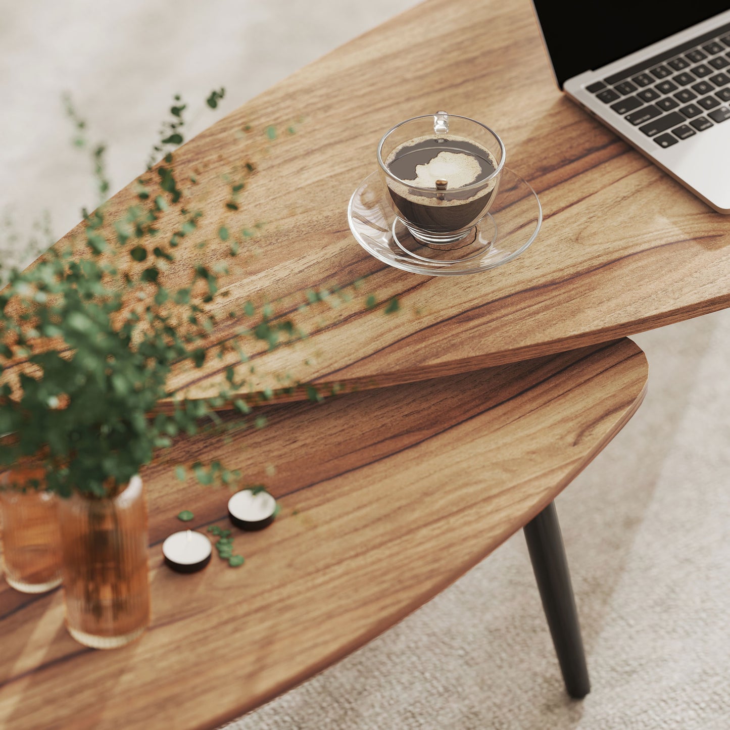 HOMCOM Industrial 2-Piece Nesting Coffee Table Set, Brown Wood-Effect Steel Legs