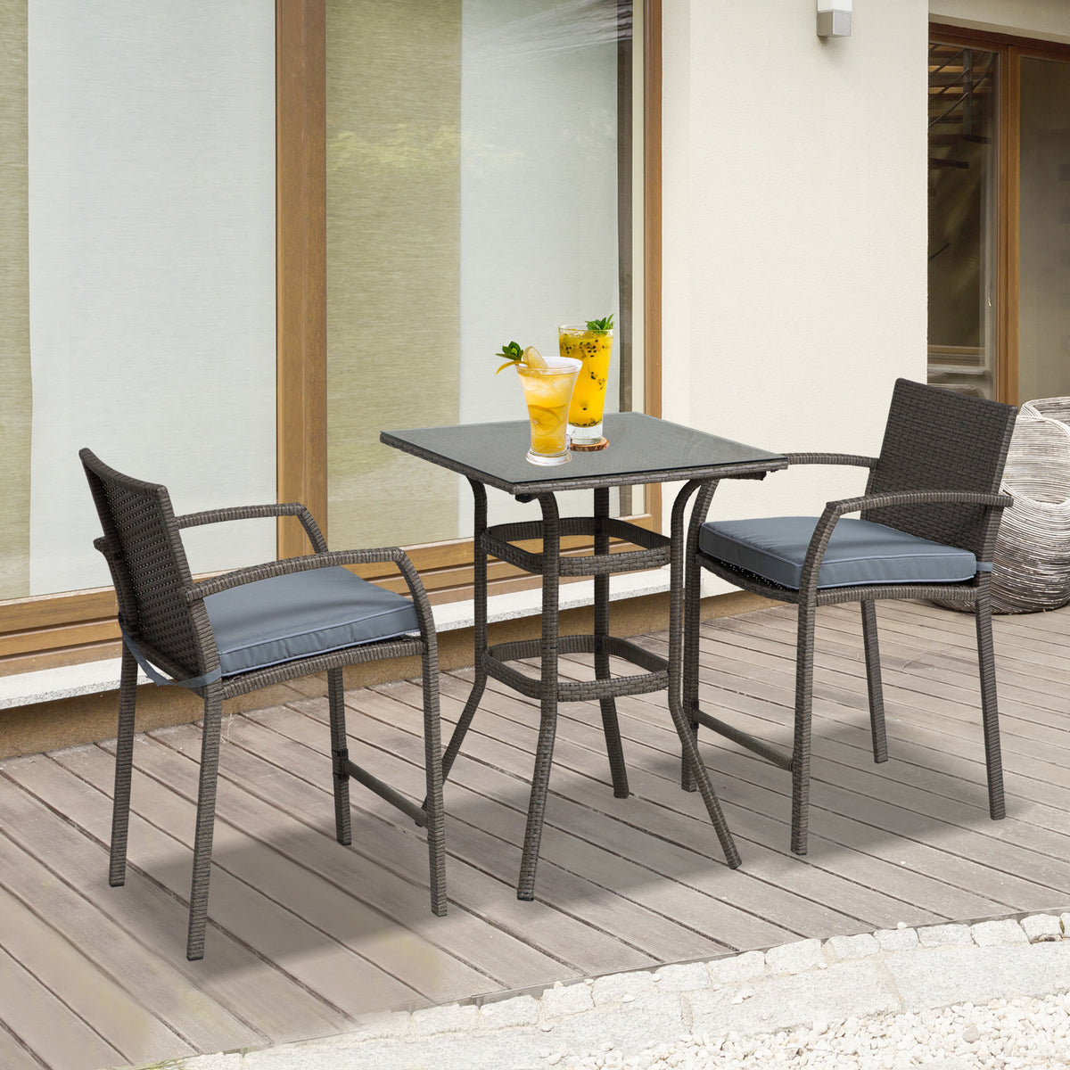 3 Pieces Patio Bar Set Wicker Garden Bistro Set Outdoor Furniture PE Rattan Table and Stools with Seat Cushion