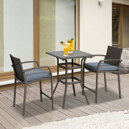 3 Pieces Patio Bar Set Wicker Garden Bistro Set Outdoor Furniture PE Rattan Table and Stools with Seat Cushion