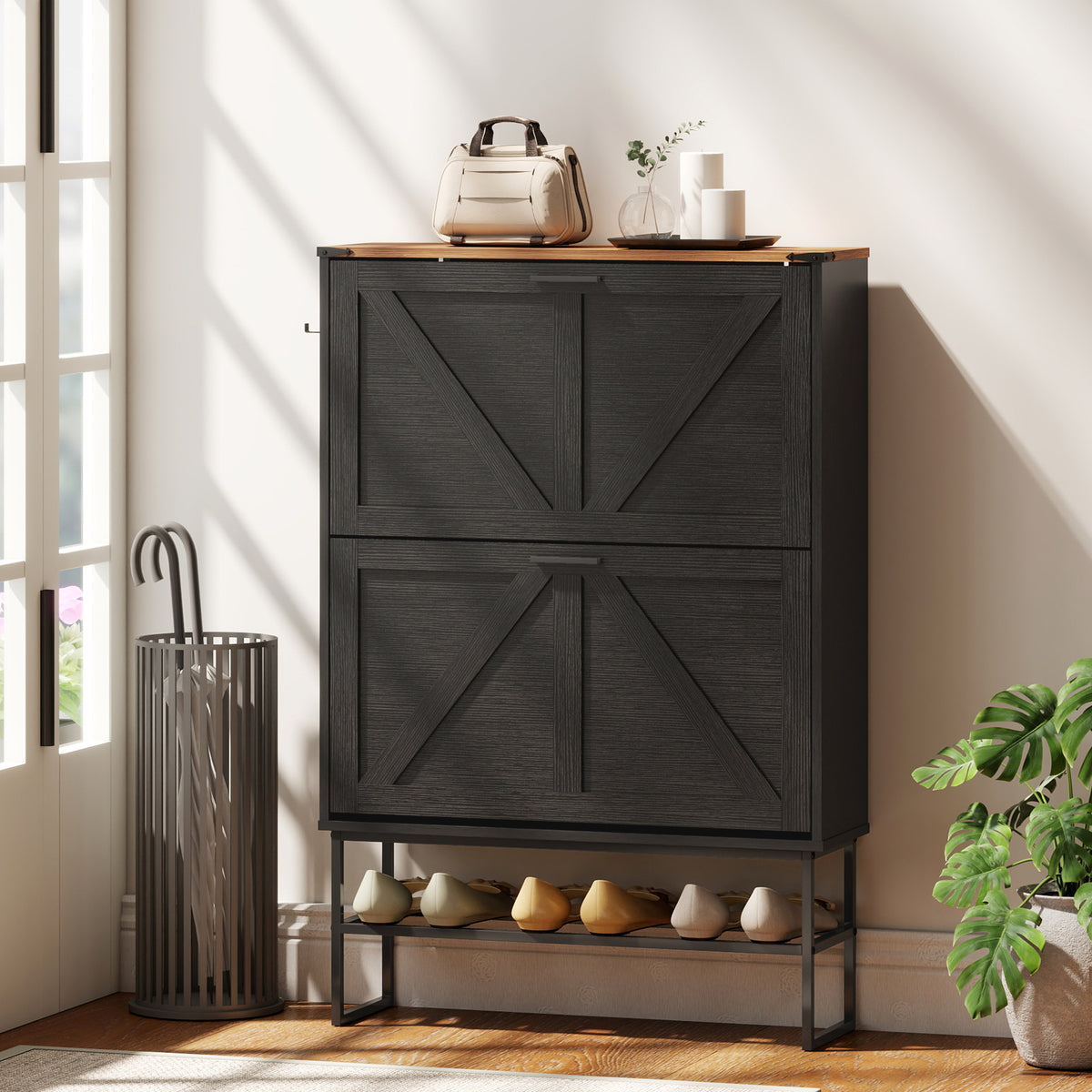 Narrow Shoe Storage Cabinet with 2 Flip Drawers – 31"W x 46"H