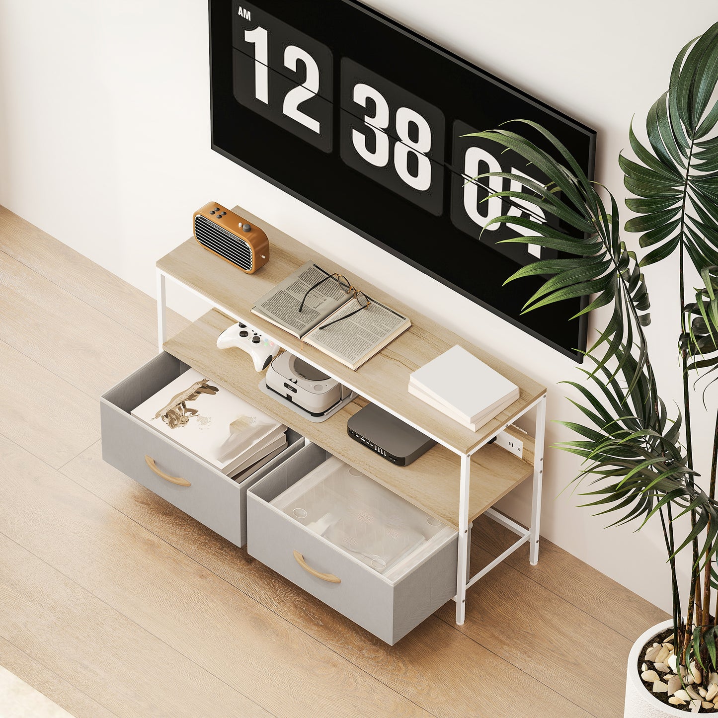 HOMCOM Modern Oak TV Stand, Charging Station, Foldable Drawers, 47-Inch TV