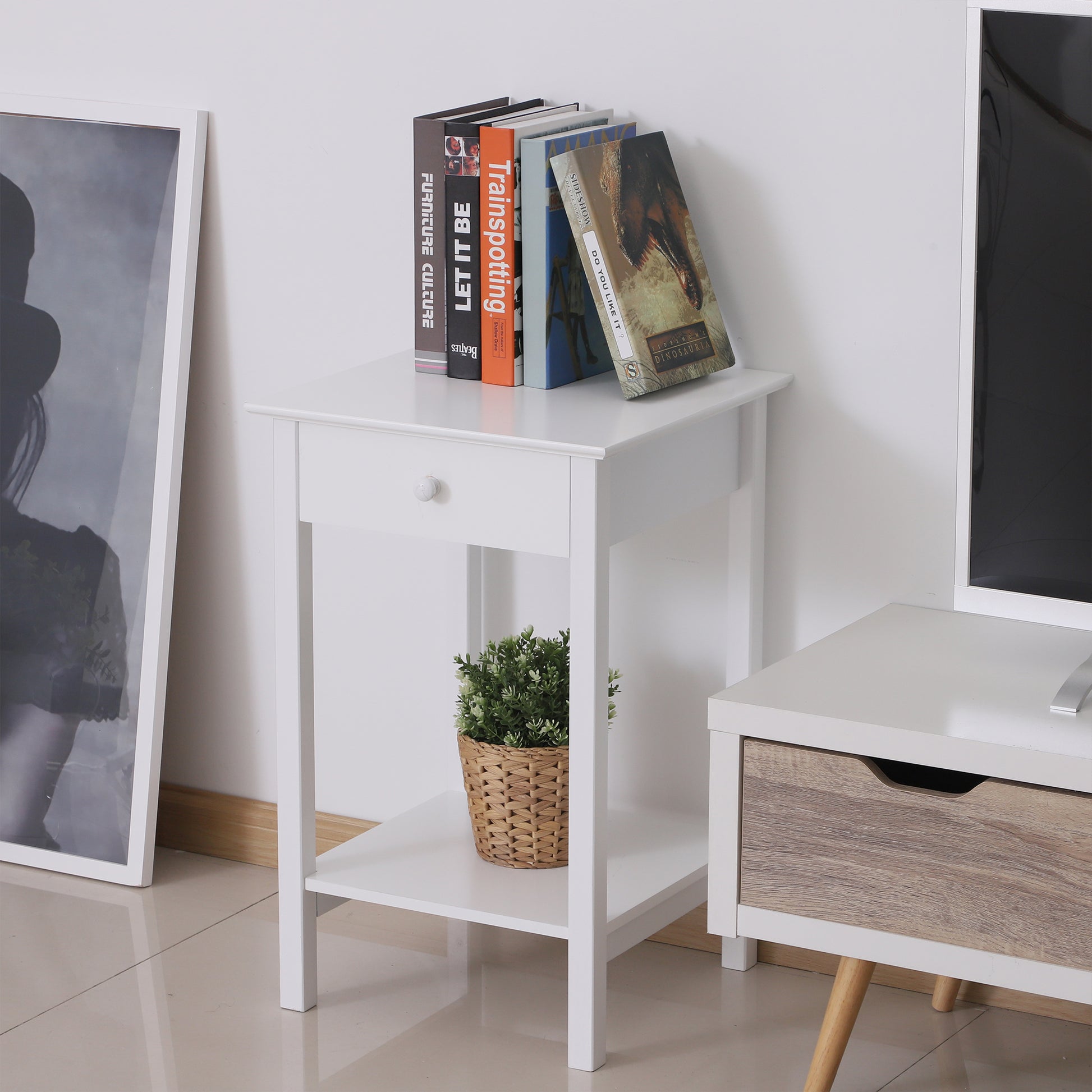Modern White Bedside Table with Drawer and Storage Shelf - HOMCOM Nightstand