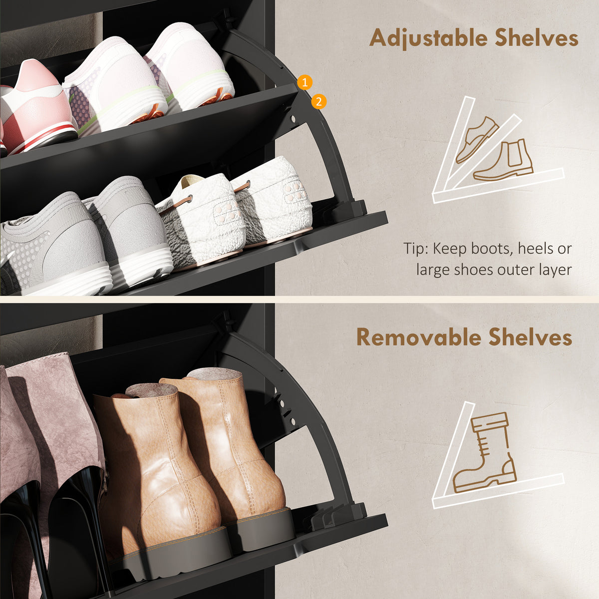 Narrow Shoe Cabinet for Entryway with 2 Flip Drawers – 28"W x 39"H