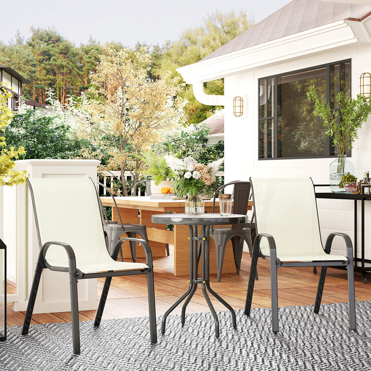 3 Pieces Bistro Set, Small Patio Furniture Set with Stackable Mesh Chairs, Glass Table for Garden, Balcony – Beige