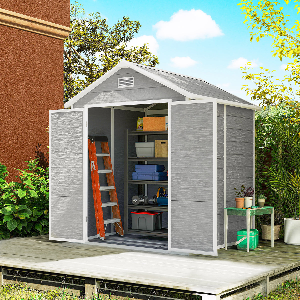 6x5 Plastic Garden Shed, Outdoor Storage Shed with Floor, Window, Lockable Doors and Vents