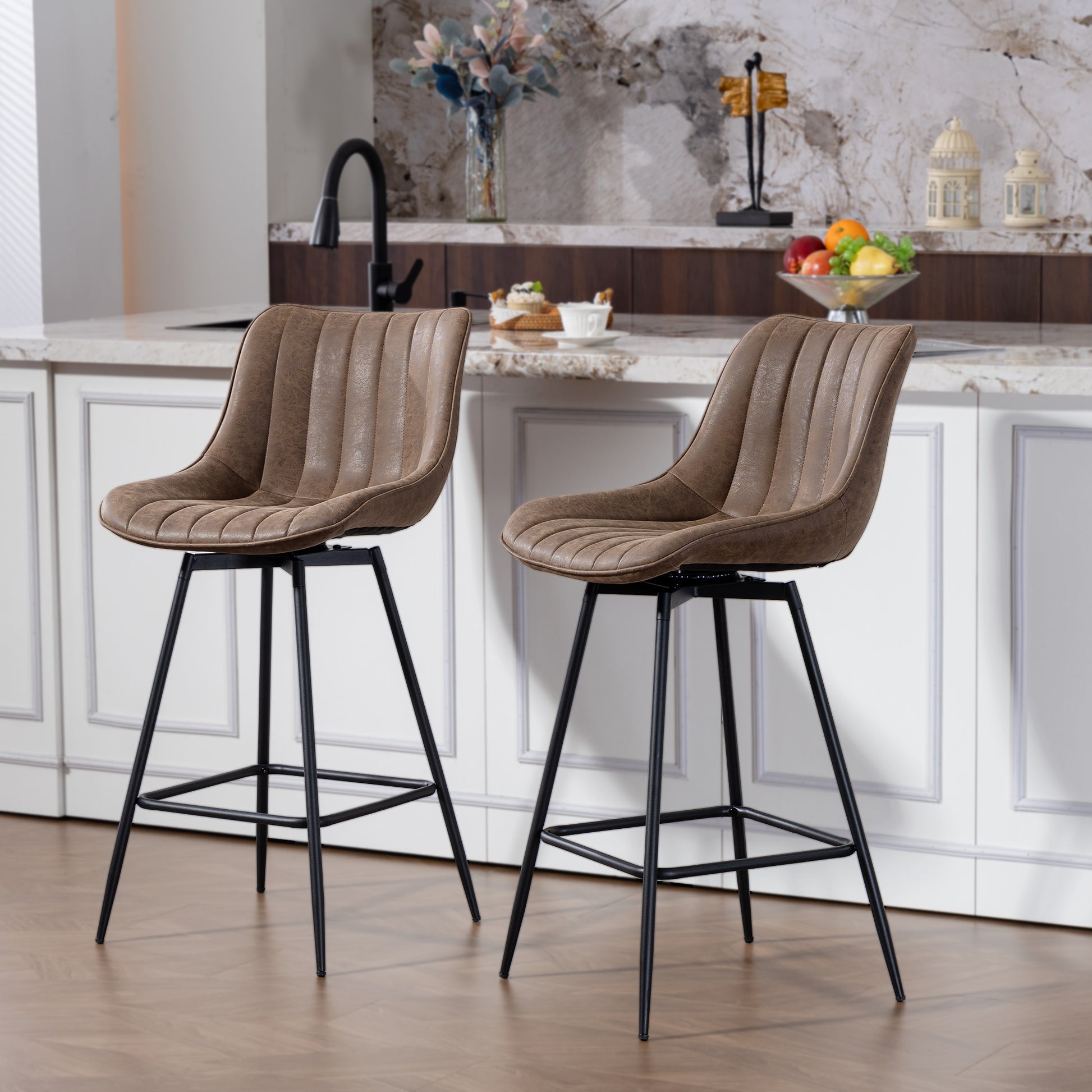 HOMCOM 2-Pack Counter Height Bar Stools, Brown PU Leather, Steel Legs