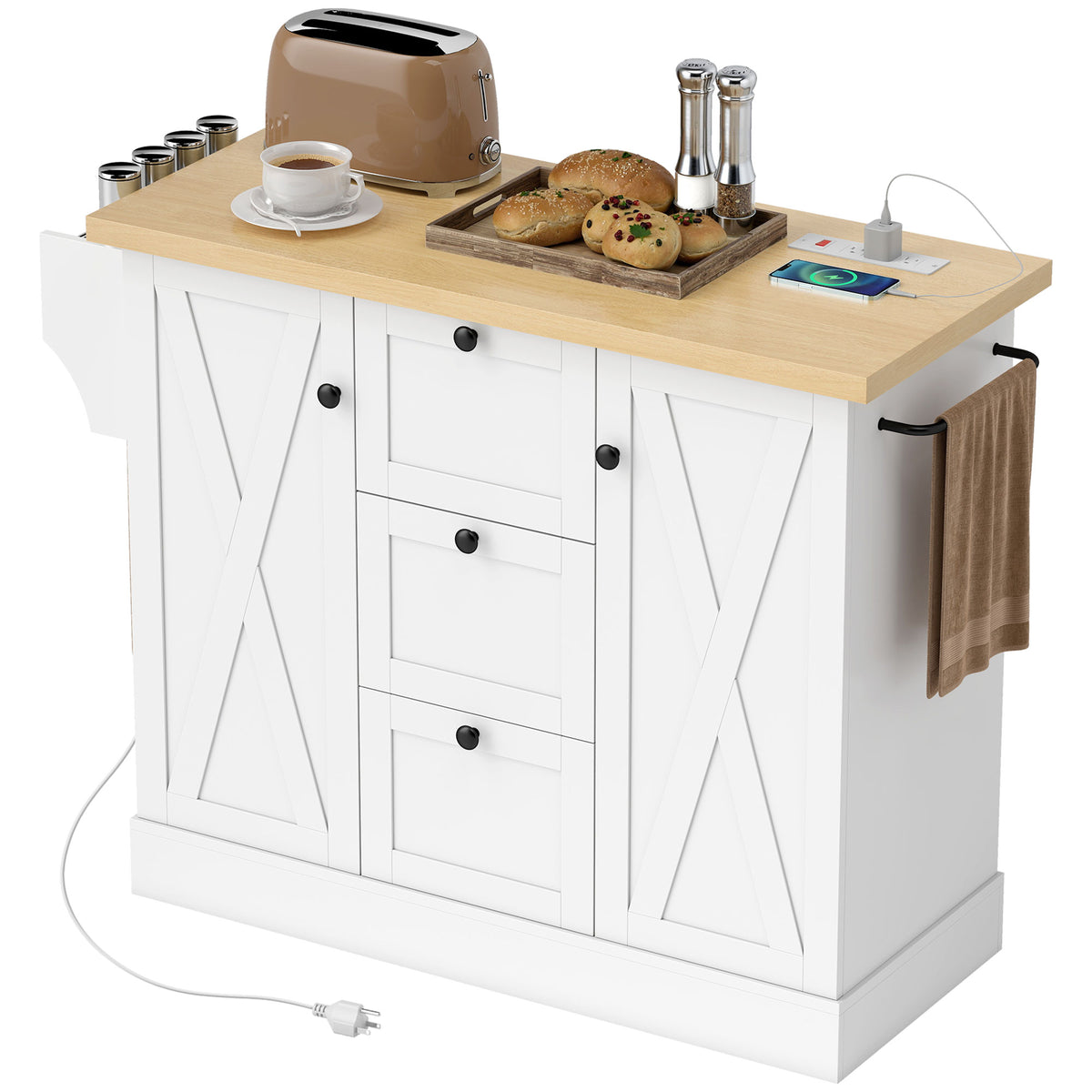 Farmhouse Kitchen Island Cart with Power Outlet and Soft-Close Doors – 49"W x 35"H