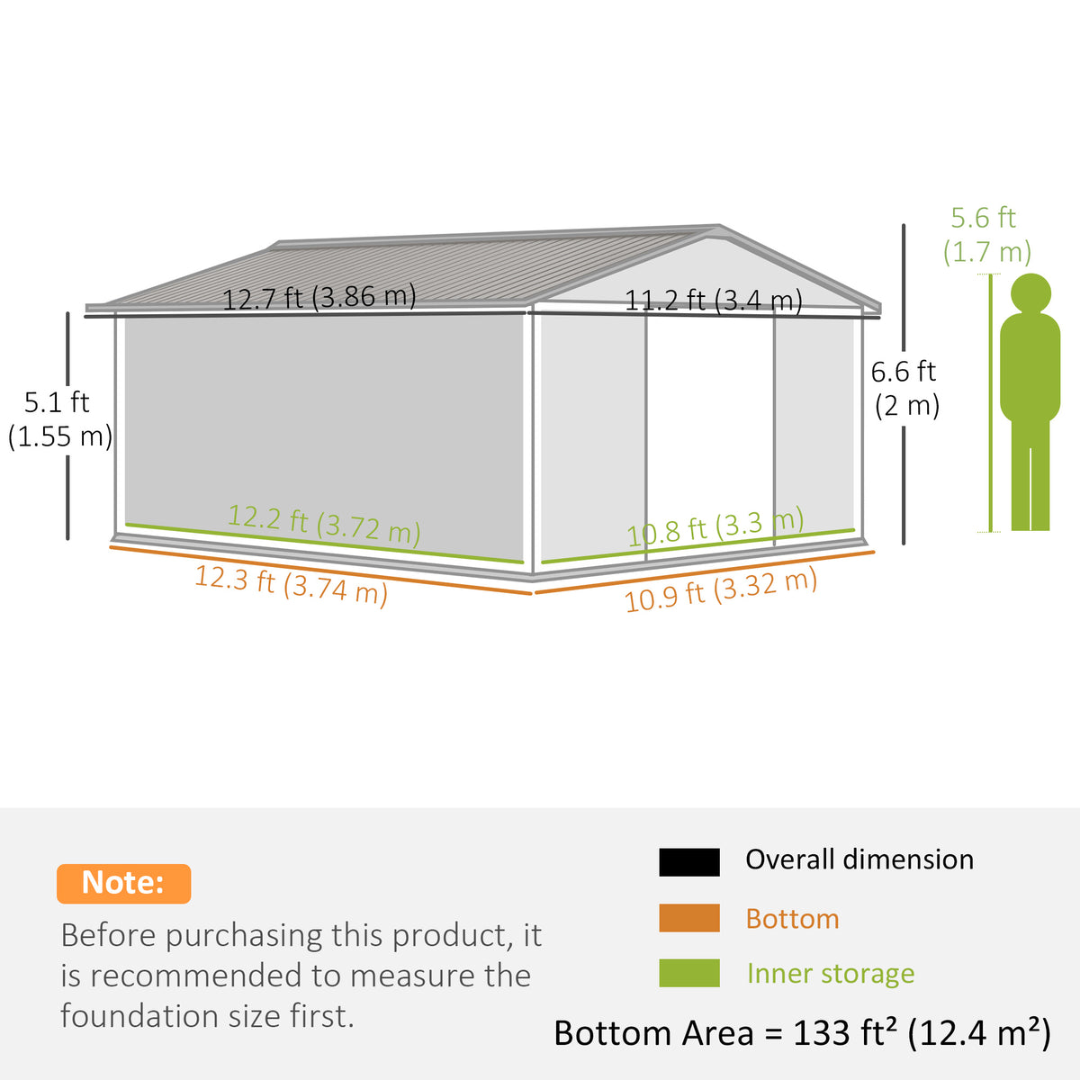 11' x 13'Garden Storage Shed w/ Foundation Kit Metal Tool Storage House w/ Double Doors – Grey