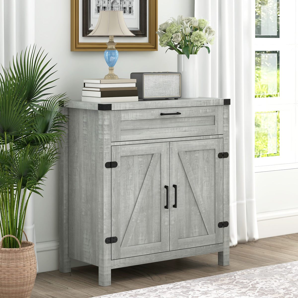 Sideboard Buffet Cabinet with 2 Rustic Barn Doors and Drawer – 30"W x 33"H