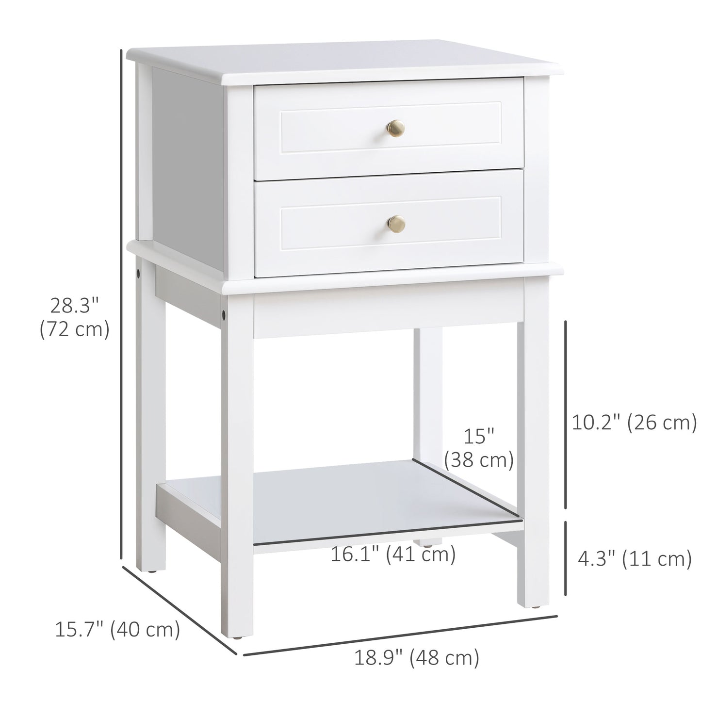 Modern White Nightstand End Table with Drawers and Storage Shelf