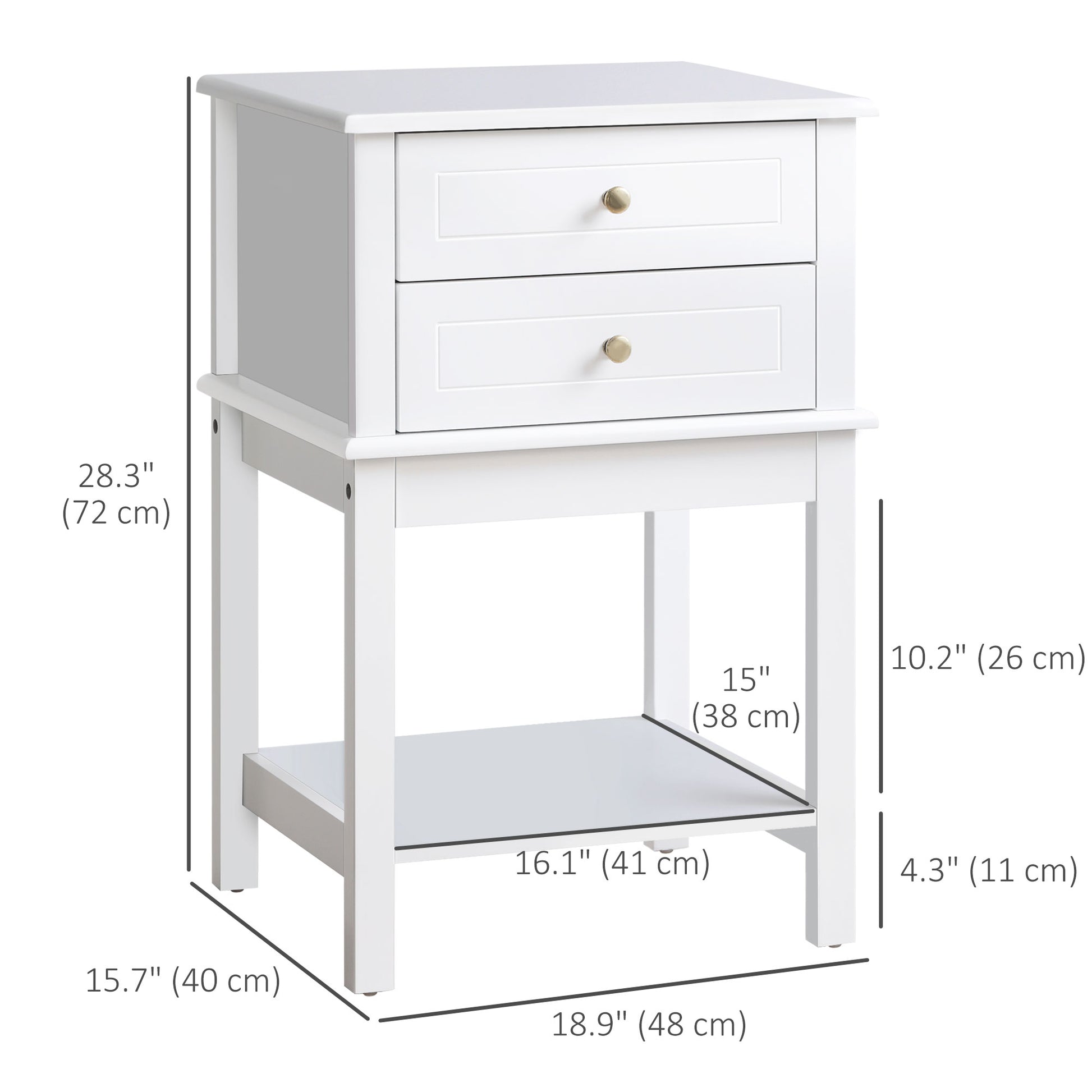 Modern White Nightstand End Table with Drawers and Storage Shelf