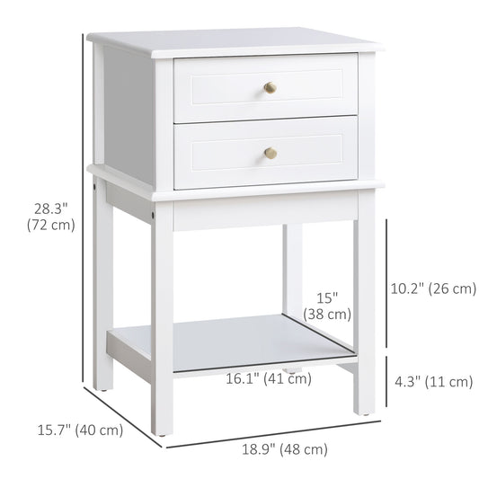 Modern White Nightstand End Table with Drawers and Storage Shelf