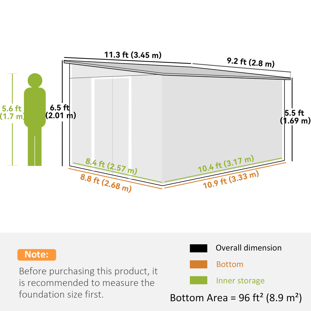 11' x 9' Steel Garden Storage Shed, Outdoor Metal Tool House with Double Sliding Doors – Green