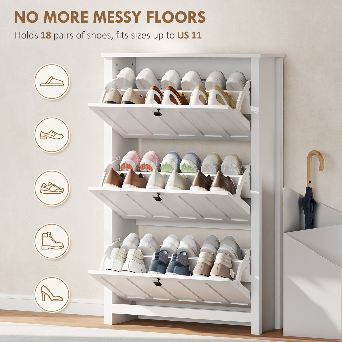 Slim Shoe Cabinet with 3 Flip Drawers – 31"W x 47"H