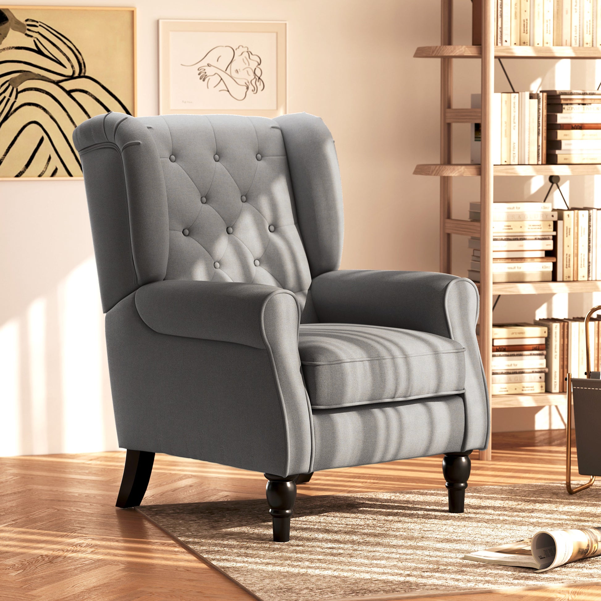 Elegant HOMCOM Fabric Accent Chair with Tufted Back, Wood Legs, Charcoal Grey