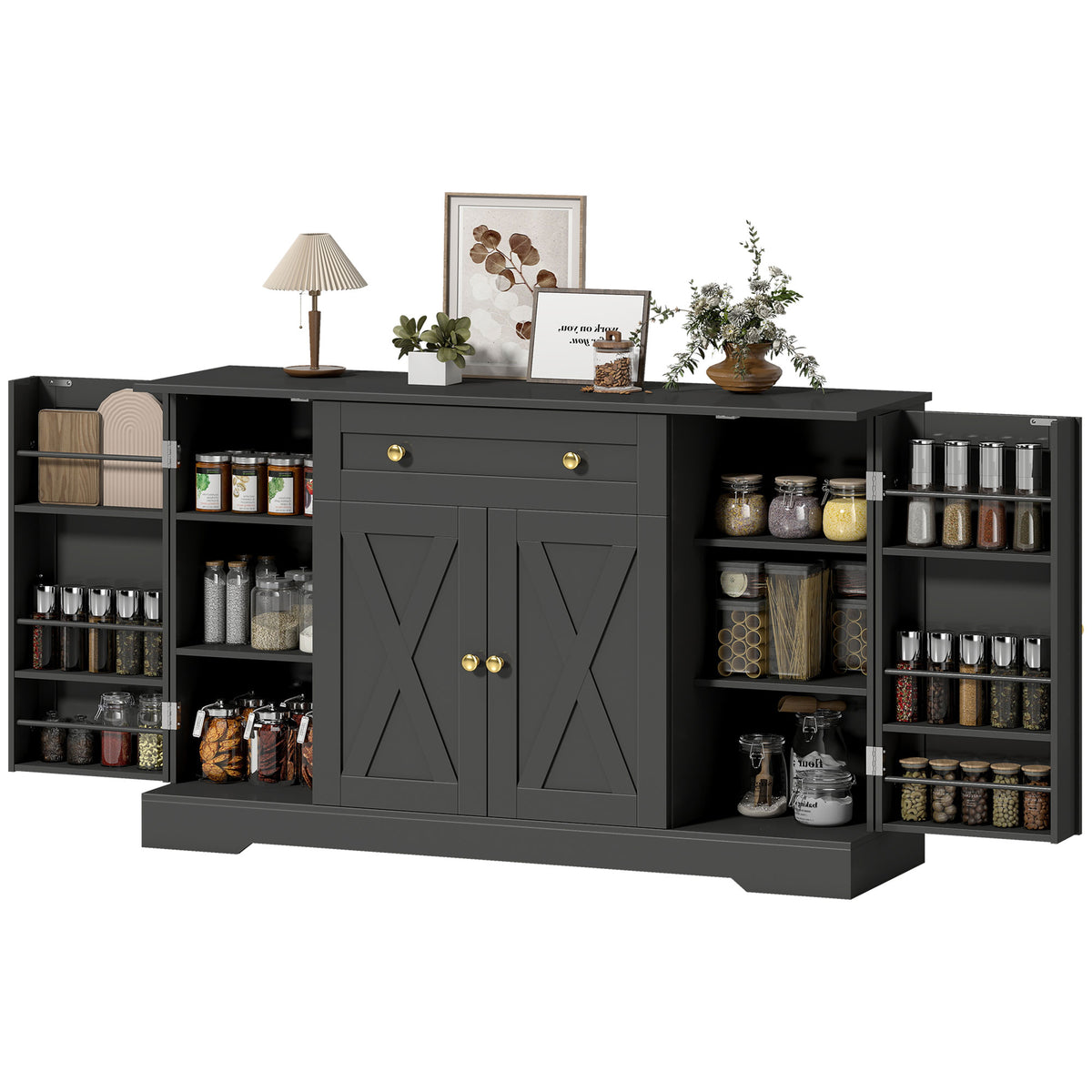 Farmhouse Sideboard with Barn Doors and Door Shelves – 54"W x 33"H