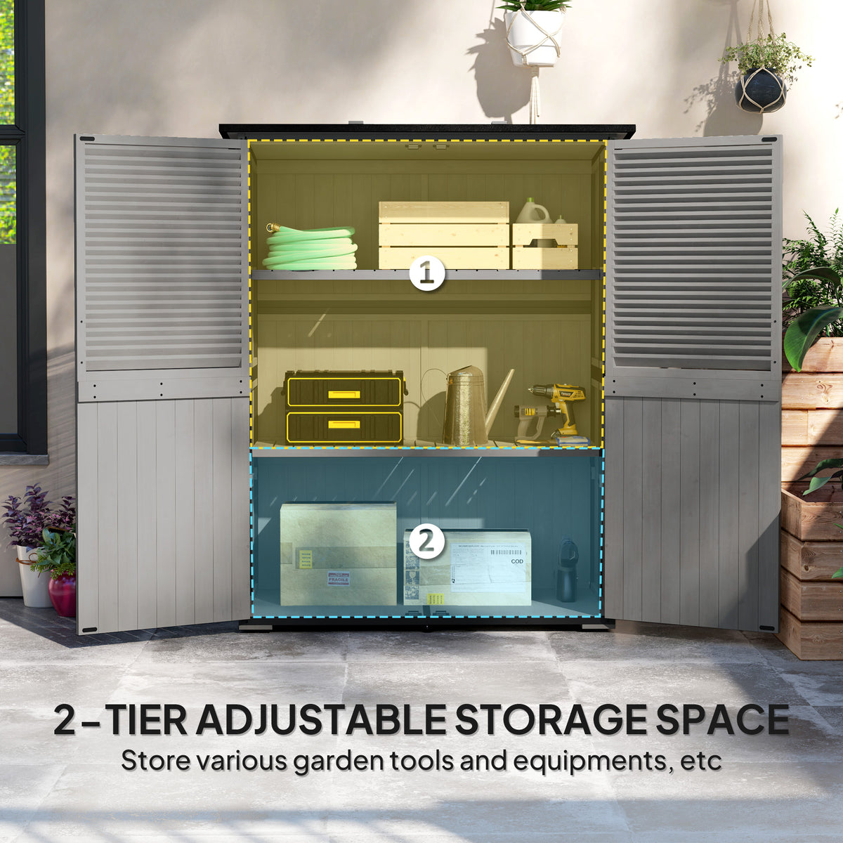 Outdoor Storage Cabinet, Wood Garden Shed with Steel Frame, Asphalt Roof, 2 Shelves and Lockable Doors
